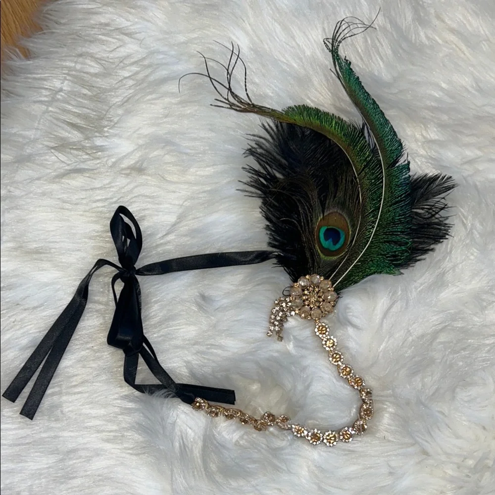 Peacock Feather & Crystal Hairpiece - Green Black
